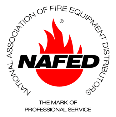 A red and black logo for the national association of fire equipment distributors.