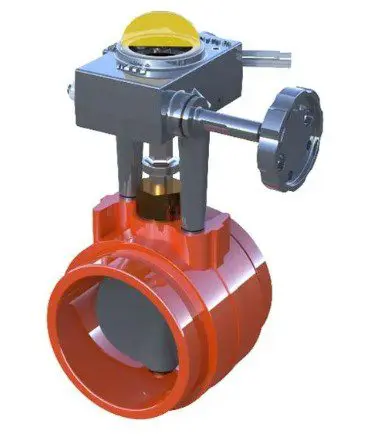 A red valve with a yellow handle and a metal head.