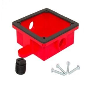 A red plastic box with black lid and hardware.