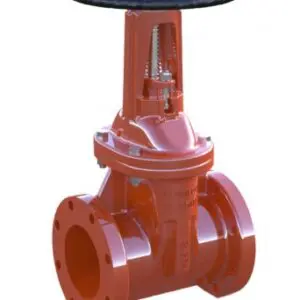 A red gate valve sitting on top of a floor.