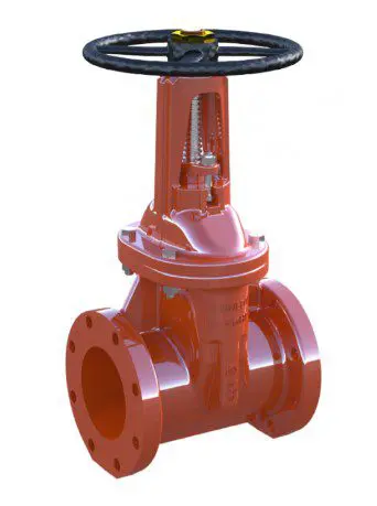 A red gate valve sitting on top of a floor.