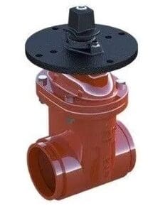 A red gate valve with black disc on top.