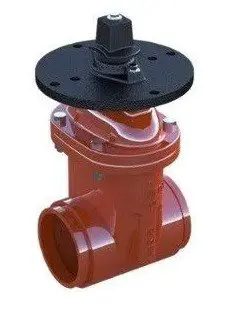 A red gate valve with black disc on top.