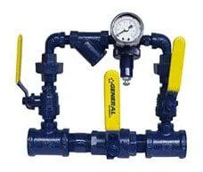 A blue pipe with yellow handles and a pressure gauge.