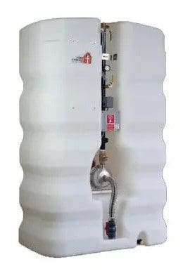 A white tank with a metal handle and some wires