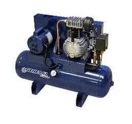 A blue air compressor with its motor on top.