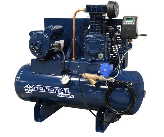 A blue air compressor with a pump and hose.