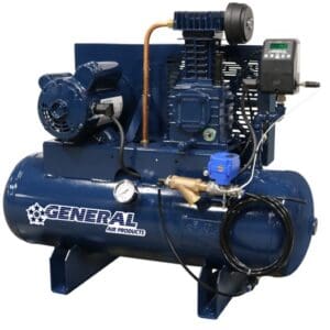 A blue air compressor with a pump and hose.