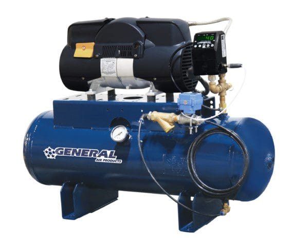 A blue air compressor with two tanks attached to it.