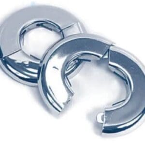 Two silver metal rings interlocked.