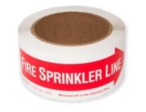 White tape with red "Fire Sprinkler Line" label.