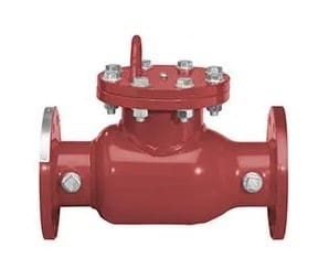 Red, industrial, swing check valve with flanges.