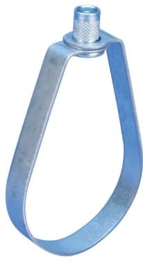 A silver pipe strap with a screw.