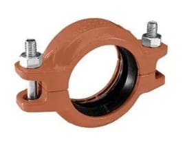 Red pipe clamp with two bolts.