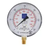 Round air pressure gauge with black needle.