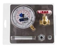 Refrigerant gauge set with valve and fittings.