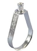 Silver metal pipe clamp with screw.