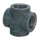 Black metal threaded cross pipe fitting.