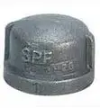 Gray metal pipe cap with "SPF" markings.