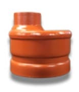 Orange plastic pipe fitting with a 90 degree bend.