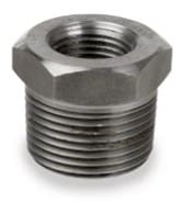 A threaded metal pipe fitting.