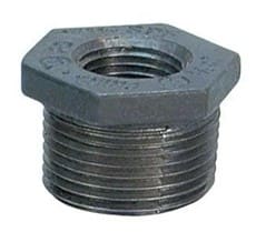 A metal threaded pipe reducer.