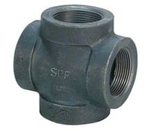 Black metal four-way pipe fitting.