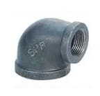 Black 90-degree threaded pipe elbow fitting.