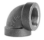 Black iron pipe elbow with threaded end.