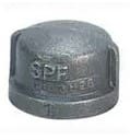 Gray metal pipe cap with branding.