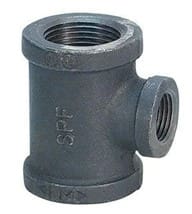 A black threaded pipe tee fitting.