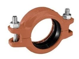 Red cast iron pipe clamp with bolts.