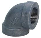 Black 90 degree threaded pipe fitting.