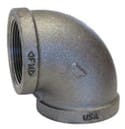 A silver threaded 90-degree pipe fitting.