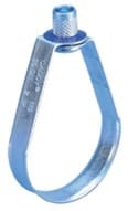 A silver metal pipe clamp with a blue screw.