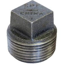 A square threaded metal pipe plug.