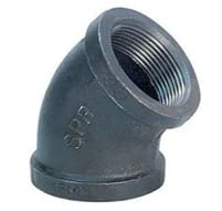 Black steel 45-degree elbow pipe fitting.