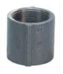 A gray metal threaded pipe coupling.