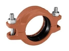 Orange pipe clamp with two bolts.