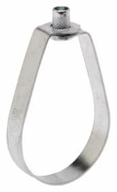 A single, silver, adjustable pipe clamp.