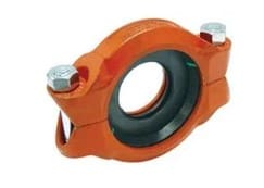 Orange pipe clamp with bolts and black gasket.