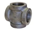 A metal four-way threaded pipe fitting.