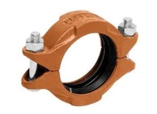 Orange pipe clamp with bolts and nuts.