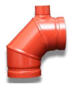 Red pipe fitting with 90 degree bend.