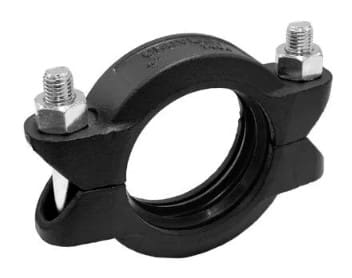 Black pipe clamp with two bolts.