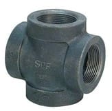 Black metal four-way threaded pipe fitting.