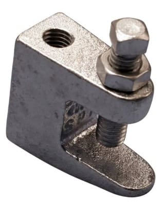 Silver metal grounding clamp with screw.