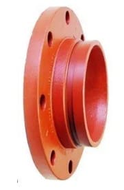 Red metal flange with a pipe fitting.