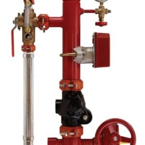 Red fire sprinkler system with gauge and valve.