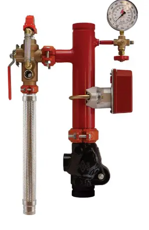 Red fire sprinkler system with gauge.